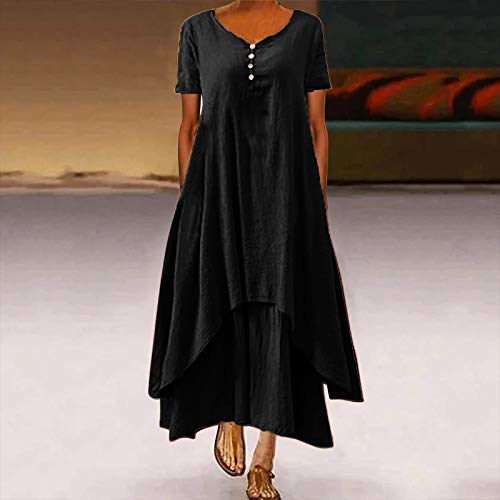BOTCAM Maxi-jurk voor dames, lang, elegant, boho-jurk, zomerjurk, retro, effen, ronde hals, korte mouwen, zomer… - Afbeelding 4
