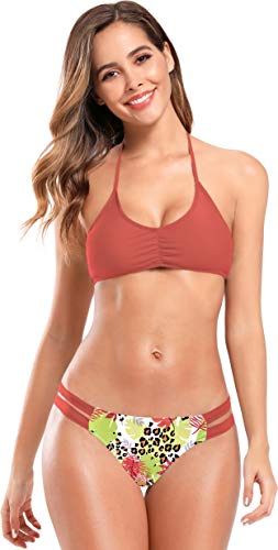 SHEKINI Dames Zwemkleding Bikiniset Hangende Nek Geplooid Tweedelig Zwempak Twee Srap Gedrukte Zwemshorts