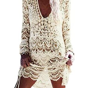 heekpek Strandjurk voor dames, lang, elegant, boho, blote rug, kant, bikini cover-up, zomerjurk, beige, Eén maat