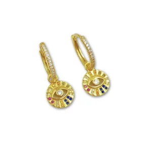 15mm Gold plated zilveren oorringen met bedeltje bezet met zirkonia steentjes
